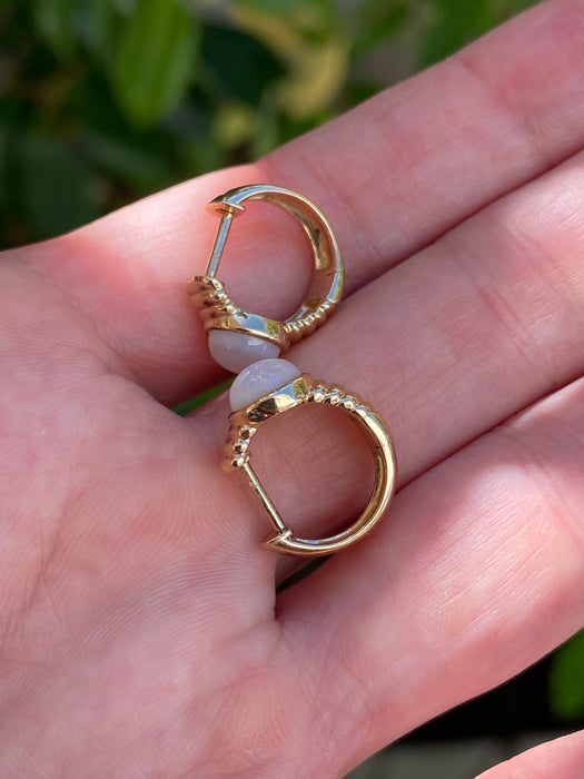 14k Gold Mother of Pearl Ribbed Huggie Earrings