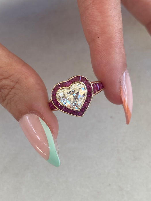 14K Lab Diamond Heart Ring with Natural Ruby Halo