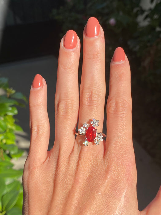 Platinum 900 diamond flower sunstone ring size 6.25