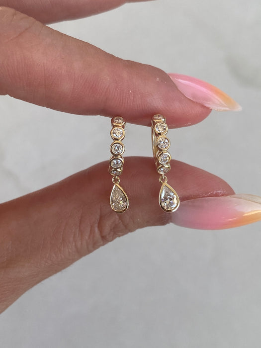 14K Gold Lab Diamond Bezel Huggie Earrings with Pear Drop