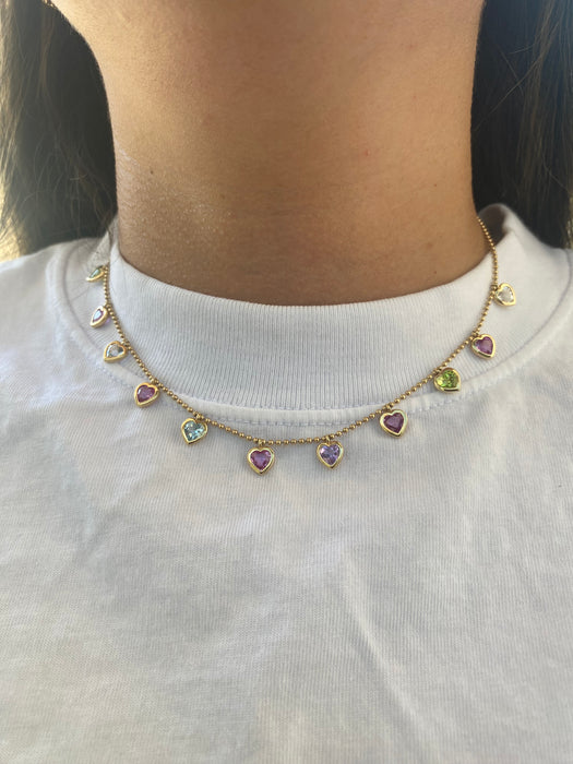 14K Multi-Gemstone Heart Station Bead Necklace