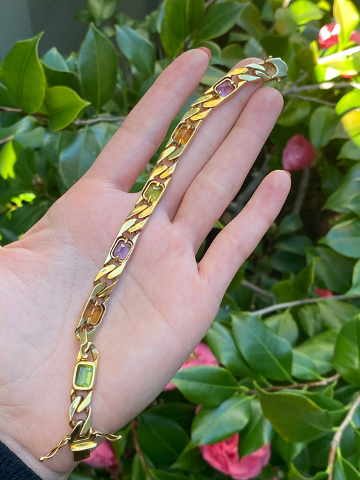 Vintage 14k Solid Gold Rainbow Gemstone Curb Bracelet | Emerald Cut Peridot Amethyst Citrine | 7”