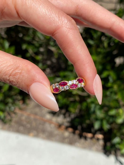 Vintage 18K Ruby and Diamond Swirl Ring – Marquise Rubies – 0.74 TCW Rubies – Size 6