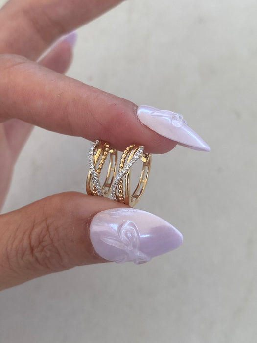 14K Natural Diamond Three-Row Crossover Huggie Earrings