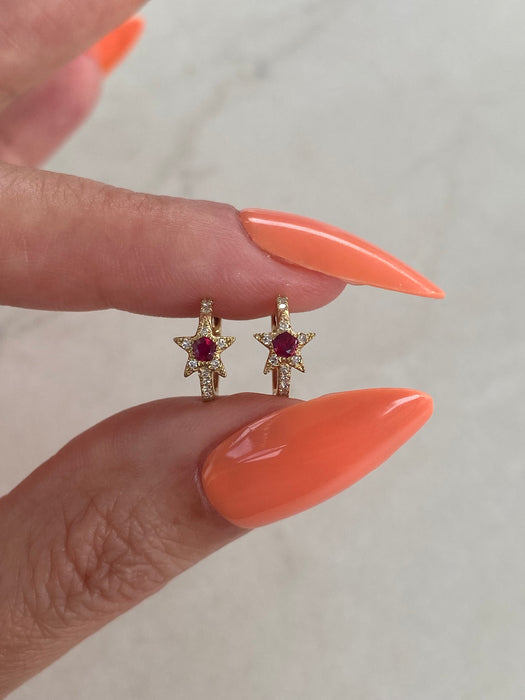 14K Gold Diamond & Ruby Star Huggie Earrings
