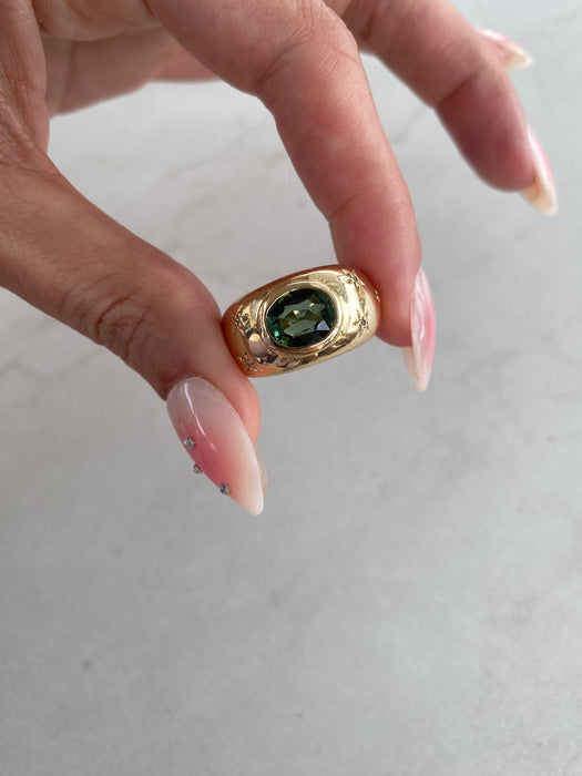 14K Green Tourmaline & Diamond Star Bombe Ring