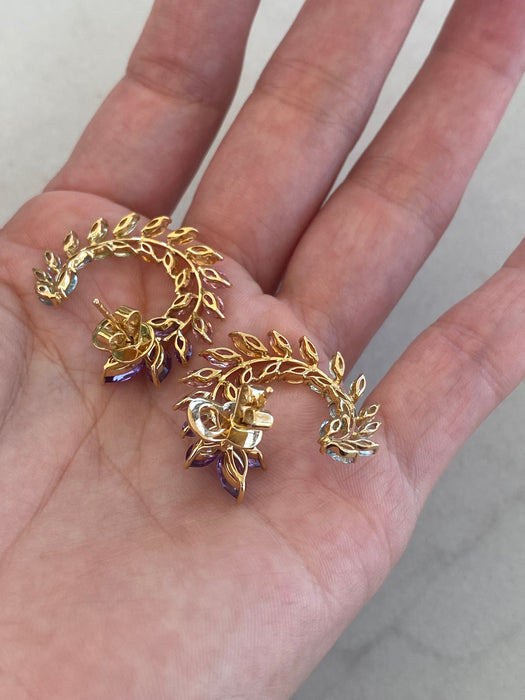 18K Gold Rainbow Marquise Laurel Earrings