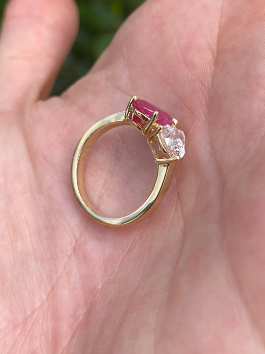 14K Gold Ruby & Pear Diamond Ring – 1 Carat Oval Ruby, 1 Carat Pear Lab Diamond, Size 4.75