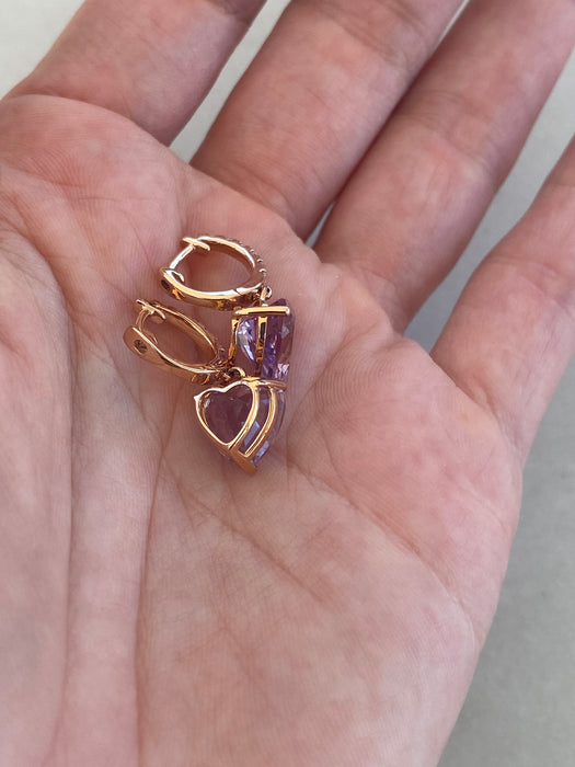 18K Rose Gold Amethyst Heart & Diamond Huggie Earrings | 5.2 CTW Amethyst