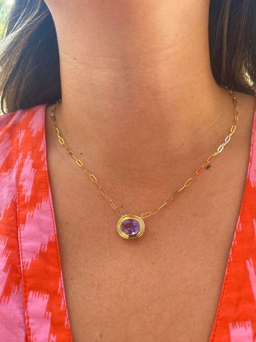 14K Gold East-West Amethyst Paperclip Necklace