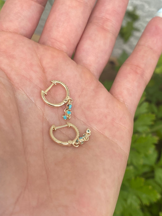 14K Gold Diamond Huggie Earrings with Turquoise Dangle Charms