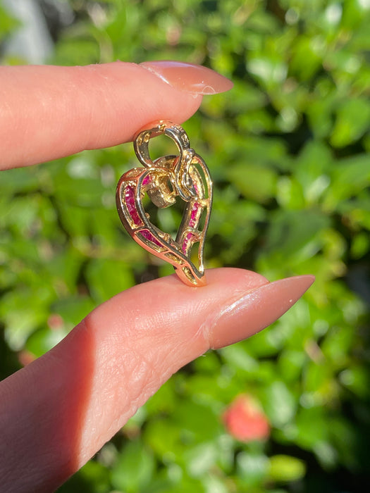 Vintage 14K Gold Princess Cut Ruby & Diamond Heart Pendant