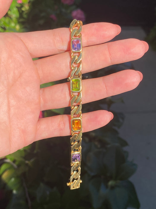 Vintage 14k Solid Gold Rainbow Gemstone Curb Bracelet | Emerald Cut Peridot Amethyst Citrine | 7”