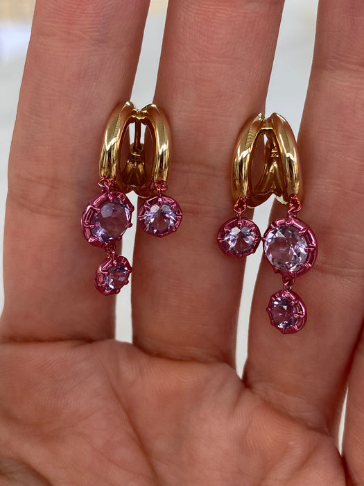 14K Gold Double Huggy Amethyst Drop Earrings with Pink Rhodium Accents