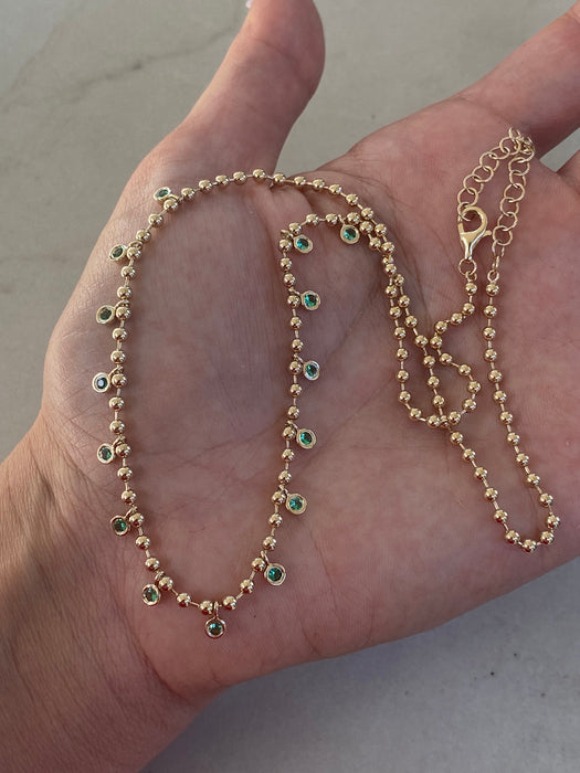 14K Gold Natural Emerald Charm Bead Necklace