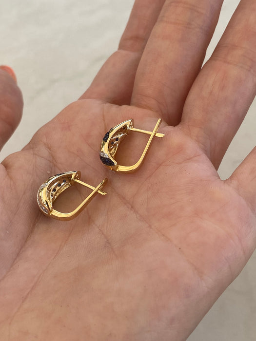 14K Gold Blue Sapphire & Diamond Huggie Earrings