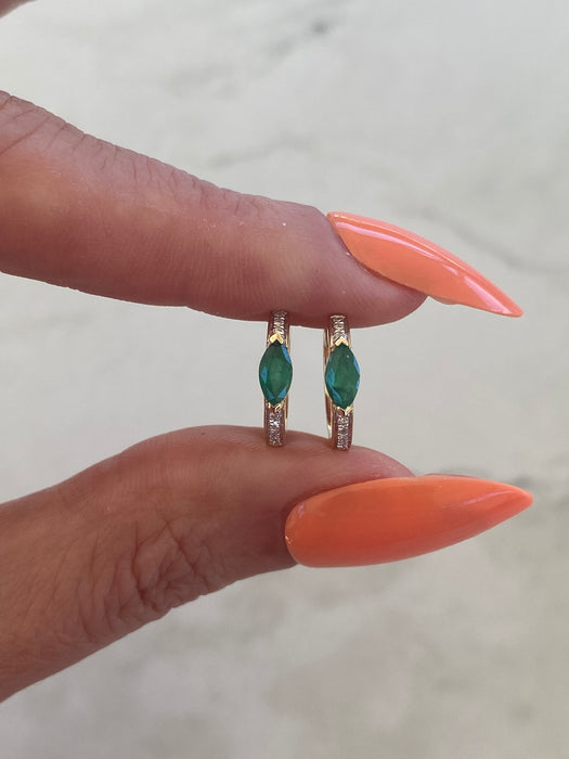 14K Gold Emerald & Diamond Marquise Huggie Earrings