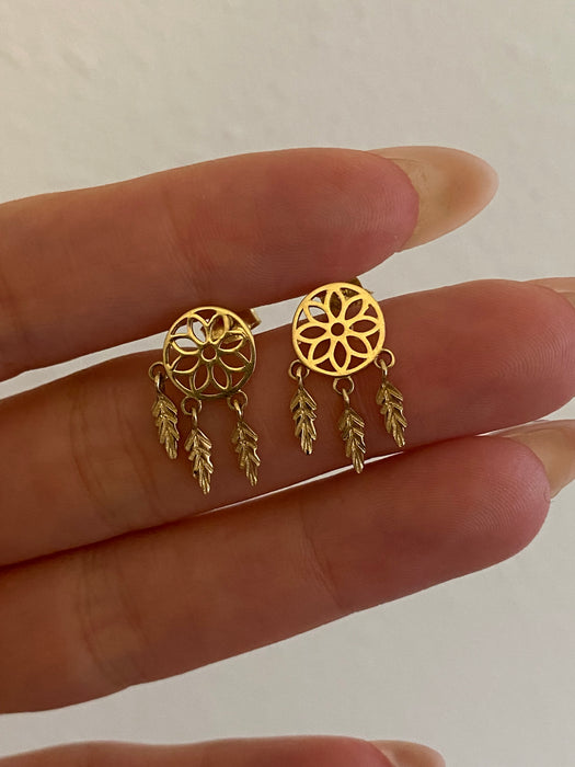 14K Gold Dreamcatcher Stud Earrings with Moving Feather Charms