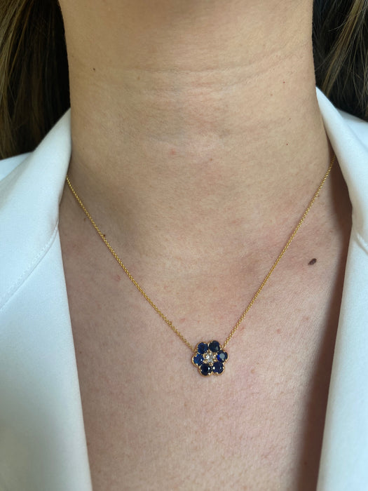 14k blue sapphire and diamond flower necklace 16” or 18”