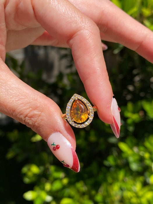 Vintage 18K Gold Citrine & Diamond Halo Ring | 1.85 Carat Pear Citrine