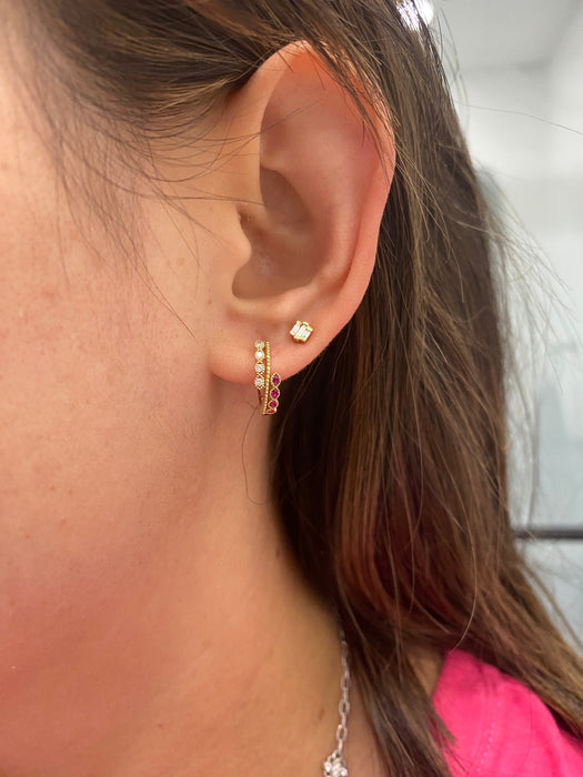 14K Gold Ruby & Diamond Huggie Earrings