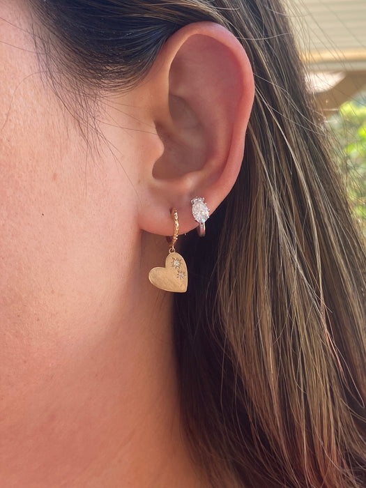 14K Gold Diamond Heart Charm Huggie Earrings
