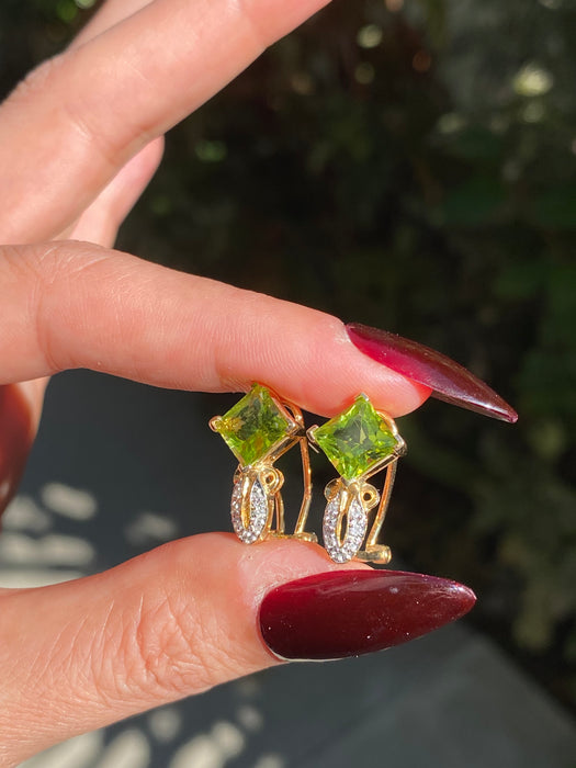 Vintage 14k Gold Peridot and Diamond Omega Back Earrings | Princess Cut Peridot