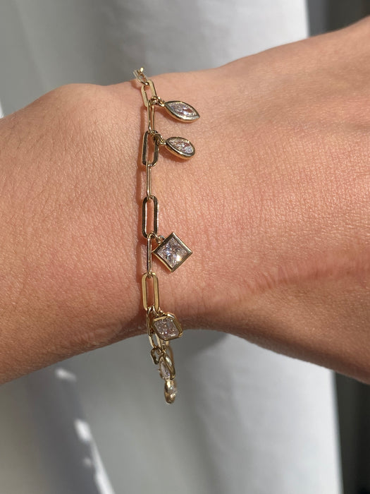 14k Gold Lab Diamond Bezel Charms Paperclip Bracelet With Dog Clip