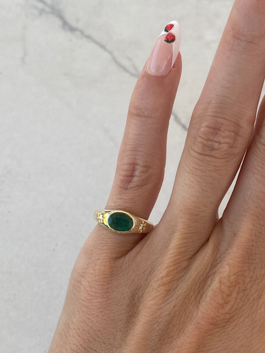 14K Gold Natural Oval Emerald & Diamond Star Pinky Ring