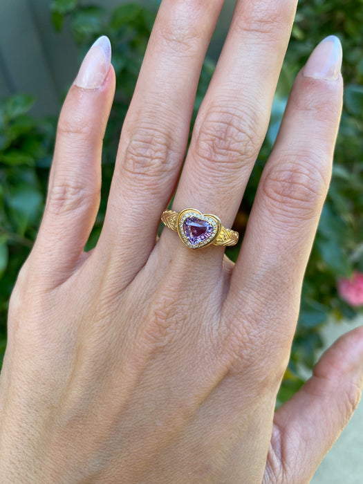 18K Gold Pink Sapphire Heart & Diamond Ring – 1.03 CT Unheated Sapphire – Size 6.5