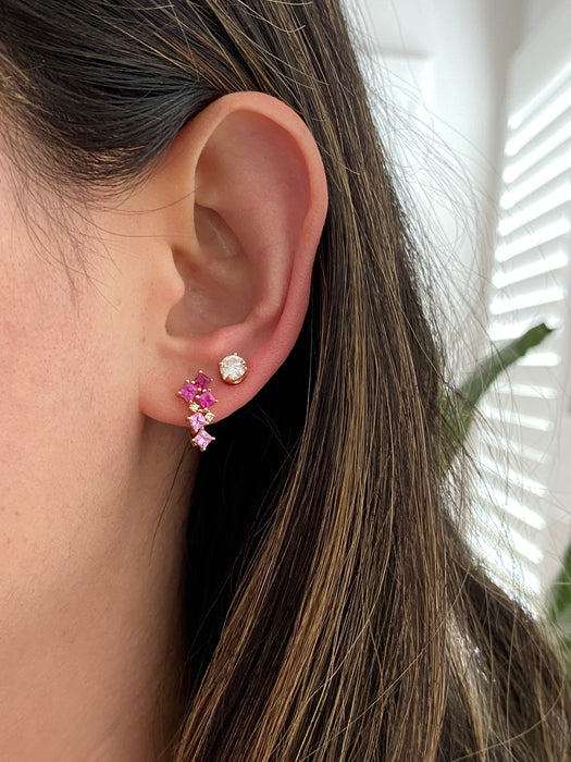 14K Gold Ruby & Pink Sapphire & Diamond Huggie Earrings