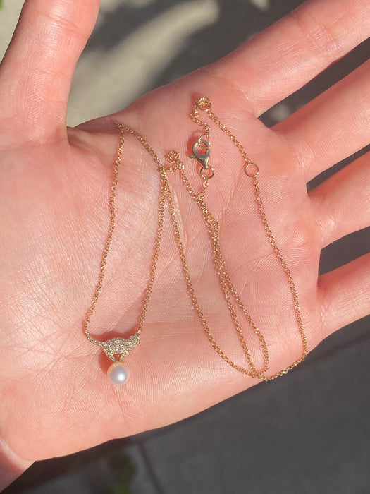 14k diamond cat pearl necklace