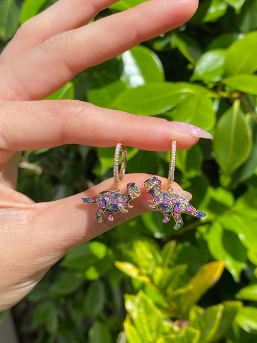 14k diamond rainbow sapphire T. rex huggie earrings