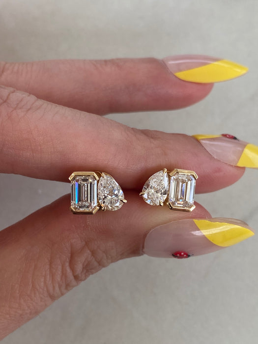 14k Gold Lab Pear & Emerald Cut Diamond Stud Earrings - 2.33 TCW