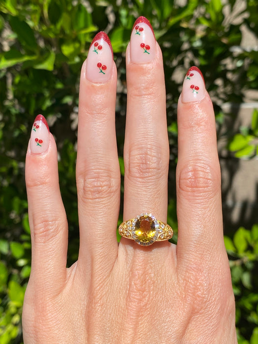 Vintage 18K Golden Beryl & Diamond Halo Ring
