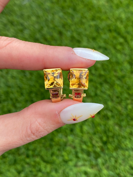 Vintage 14K Citrine & Garnet Omega Back Huggie Hoop Earrings