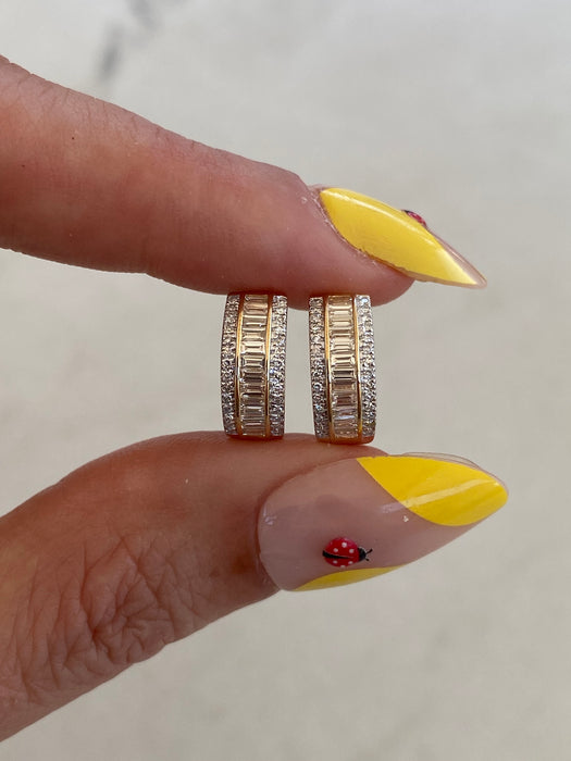 14K Gold Triple-Row Diamond Huggie Earrings – Baguette & Round Design