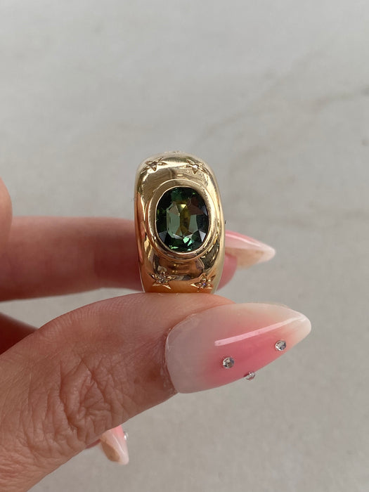 14K Green Tourmaline & Diamond Star Bombe Ring