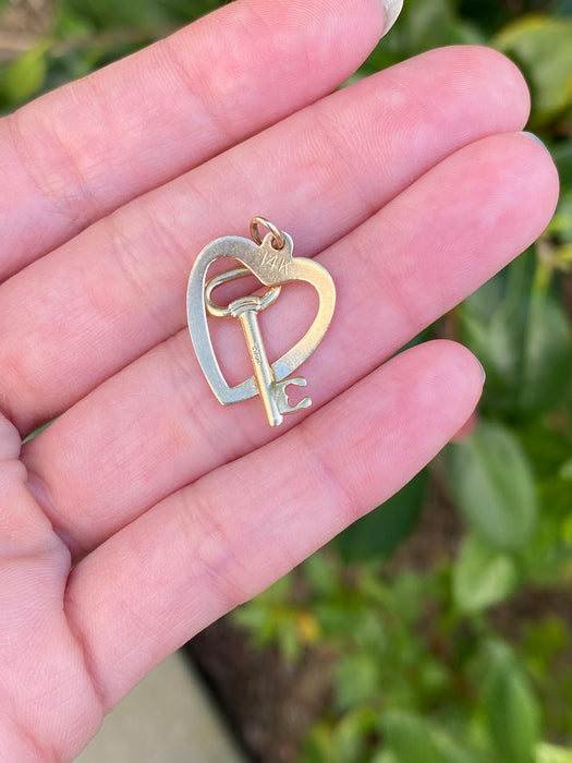 14k heart key lock charm