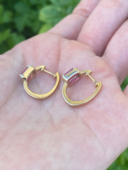 14K Gold Ruby & Diamond Huggie Earrings