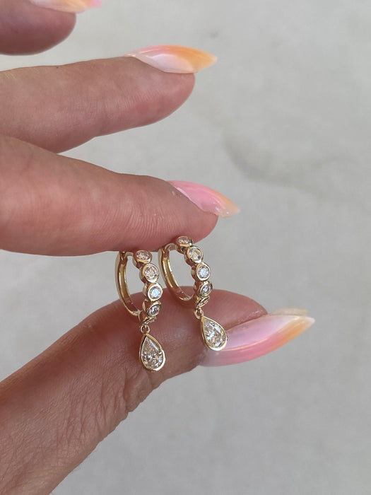 14K Gold Lab Diamond Bezel Huggie Earrings with Pear Drop