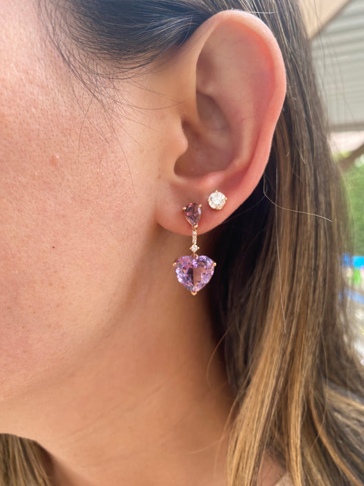 18K Rose Gold Rhodolite Garnet, Amethyst Heart & Diamond Drop Earrings