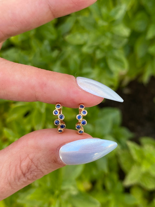 14K Gold Blue Sapphire Bezel Set Huggie Earrings