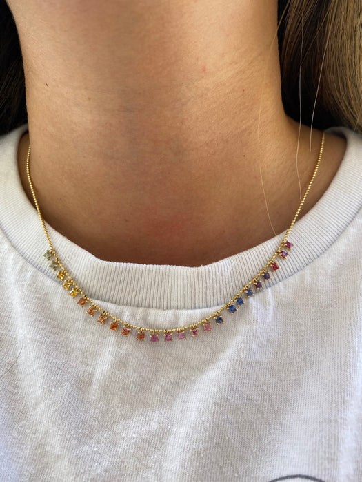 14K Gold Rainbow Sapphire Bead Necklace | 5 CTW Princess Cut Dangling Sapphires Adjustable 16-18”
