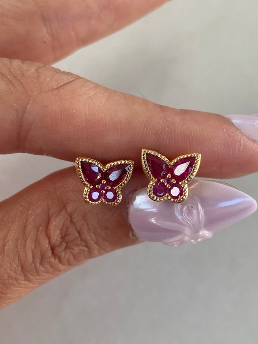 14K Gold Natural Ruby Butterfly Stud Earrings – 1.3 CTW