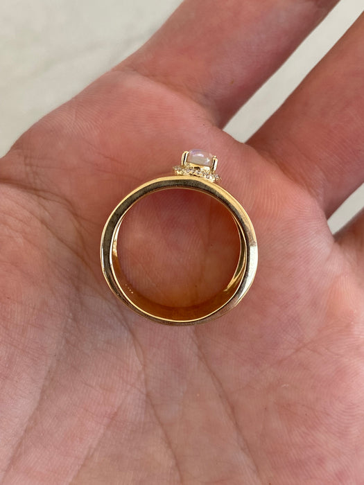 14K Gold Cigar Band Ring | Natural Opal & Diamond Halo