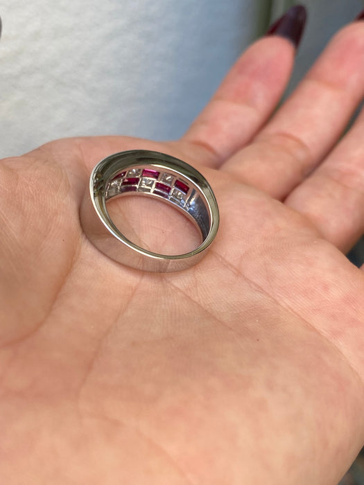 Platinum 900 ruby diamond checkerboard ring size 6.5