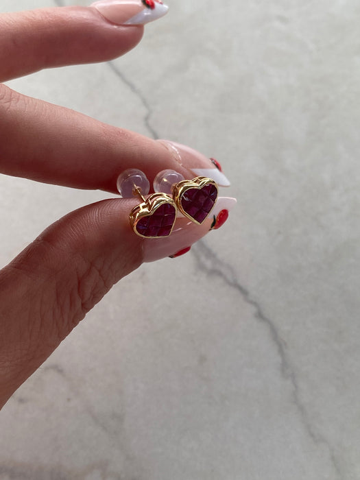 14K Gold Invisible-Set Natural Ruby Heart Stud Earrings