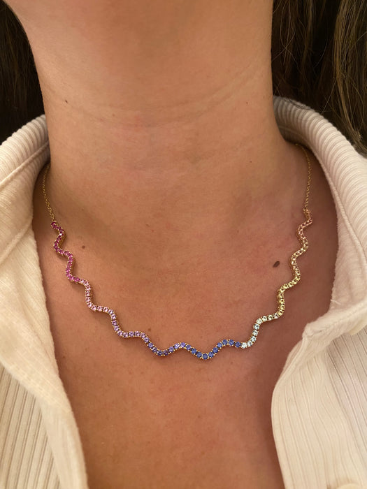 14K Gold Wavy Rainbow Sapphire Necklace