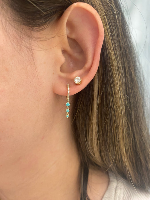 14K Gold Diamond Huggie Earrings with Turquoise Dangle Charms